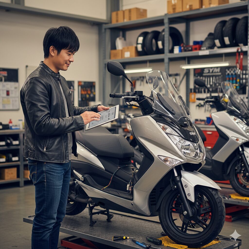 バイクショップでタブレットを操作しながらSYMスクーターを点検するアジア人男性