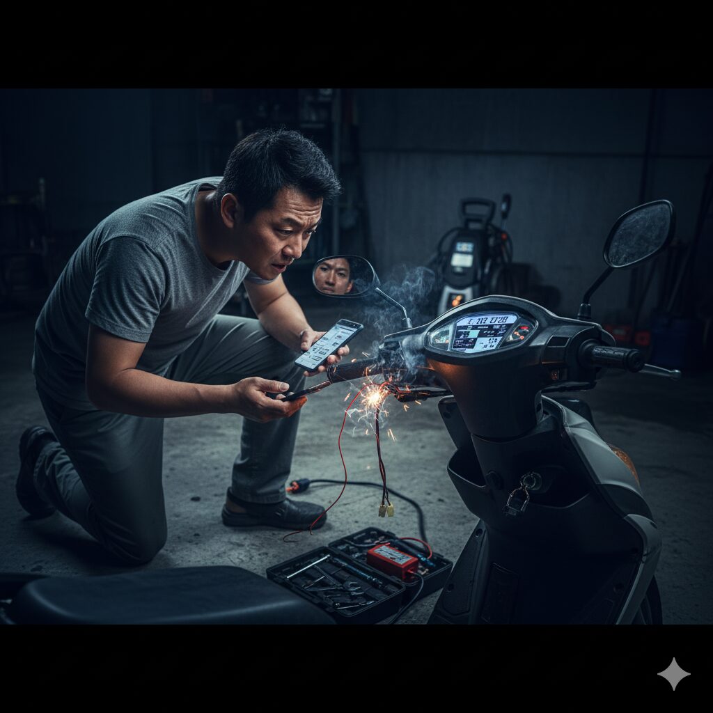 故障したバイクの配線を修理しようと試みる男性。スパークと煙が出ていて困っている。