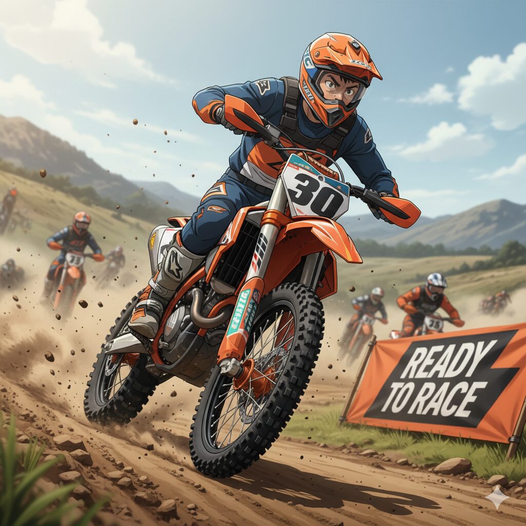 オフロードのモトクロスコースで、オレンジと青のレーシングスーツを着た日本人ライダーが、KTMのダートバイクを操り激しくカーブを曲がっている。背景には他のライダーたちと「READY TO RACE」と書かれたバナーが見える。