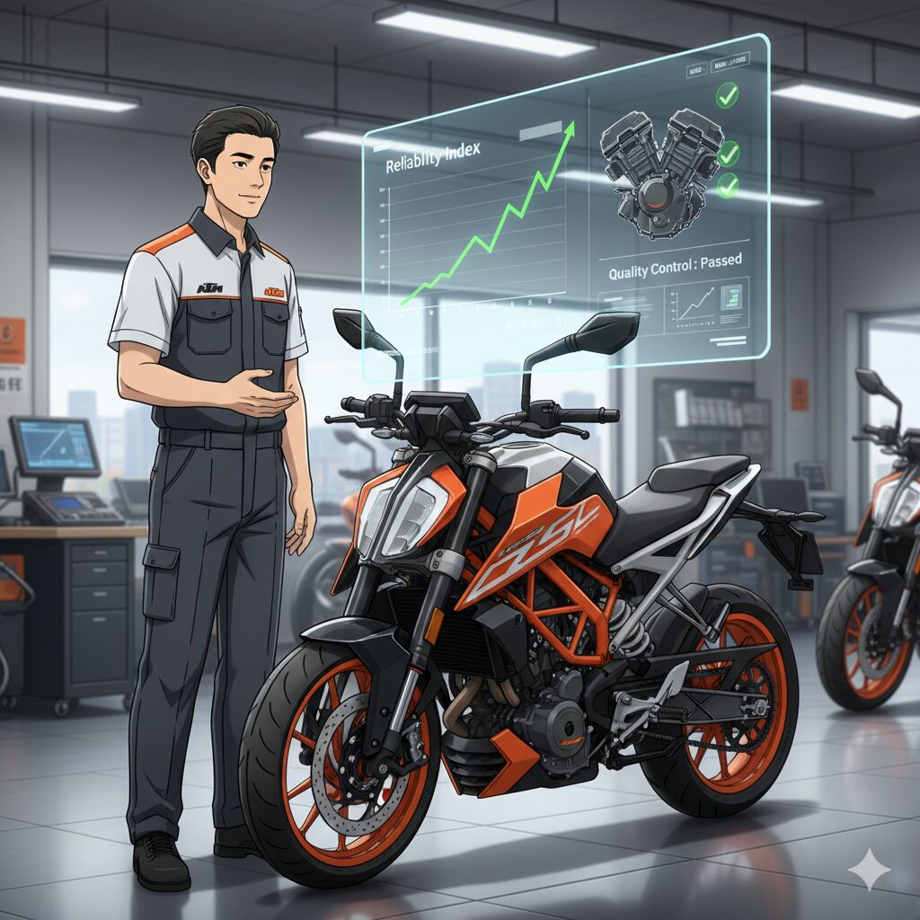 KTMの正規ディーラーで、KTMの制服を着た日本人スタッフが、最新のKTMバイクの横に立ち、信頼性の向上を示す上昇トレンドのグラフと「Quality Control: Passed」の表示がされたホログラムを指し示している。