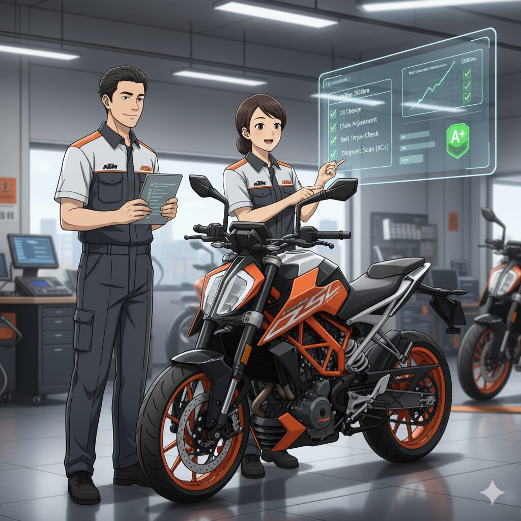KTM正規ディーラーのサービス工場で、男女の日本人スタッフがKTMバイクのメンテナンス計画について説明している。女性スタッフはタブレット上のチェックリストを指し示し、男性スタッフは顧客対応の準備をしている。ホログラムにはメンテナンス項目と「A+」の評価が表示されている。