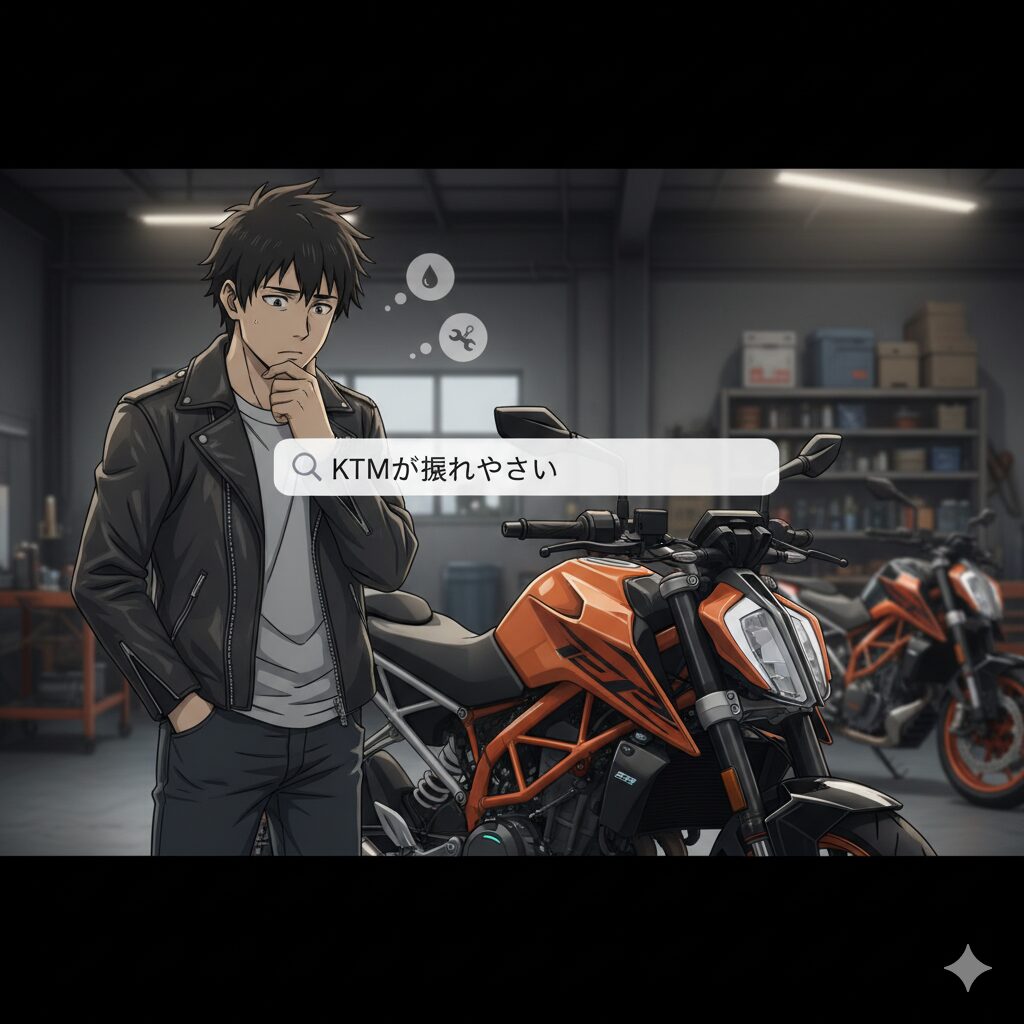 バイクガレージでKTMのバイクの横に立ち、「KTMが壊れやすい」と検索窓に入力されたスマートフォンを見つめながら、オイル漏れと工具のアイコンを頭に浮かべて不安げな表情をしている日本人男性。