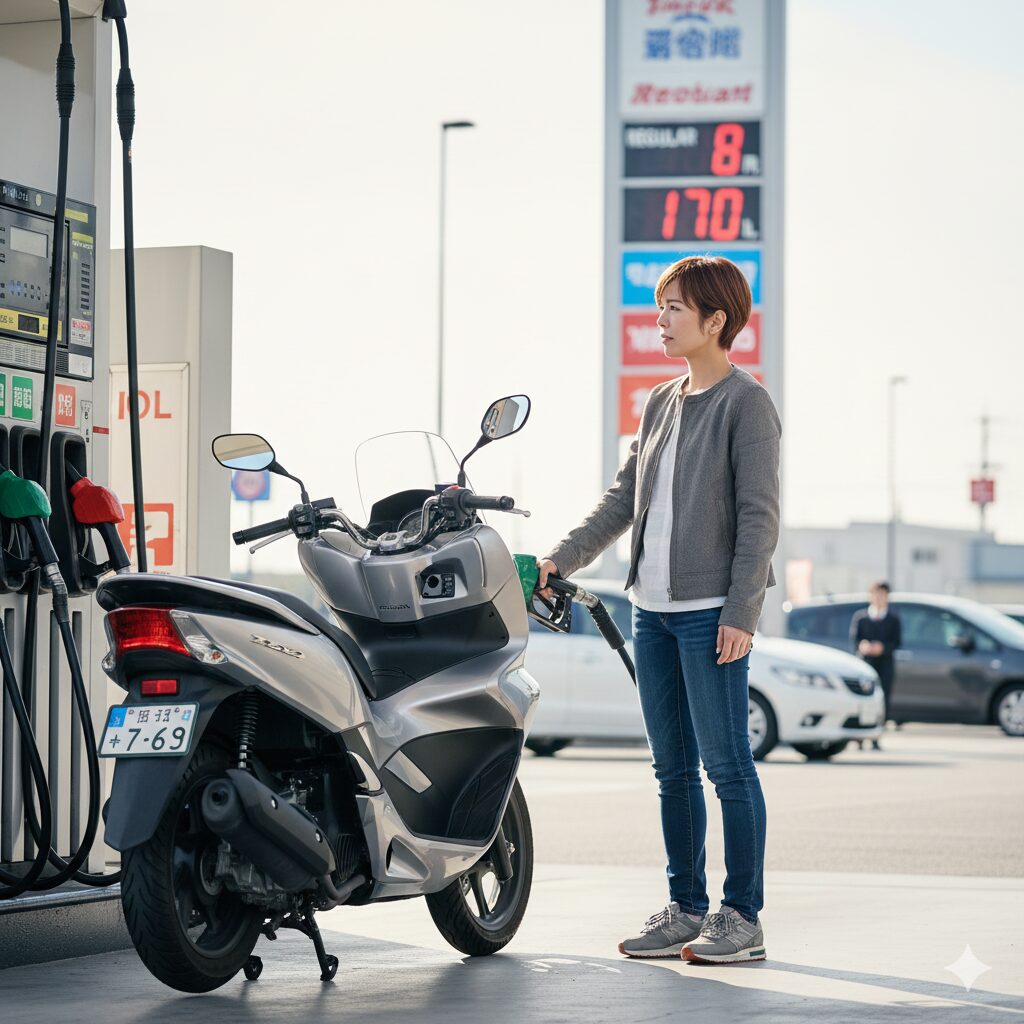 日本人女性がガソリンスタンドで125ccスクーターに給油している。ガソリン価格の表示板が背景に見える。