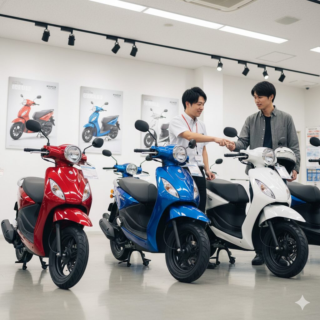 バイク販売店のショールームで、最新の125ccスクーターが並べられている。日本人男性の店員が顧客に車両を説明している。