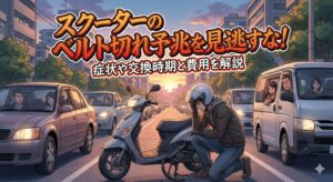 道路の路肩でベルトが切れたバイクを心配しているライダー