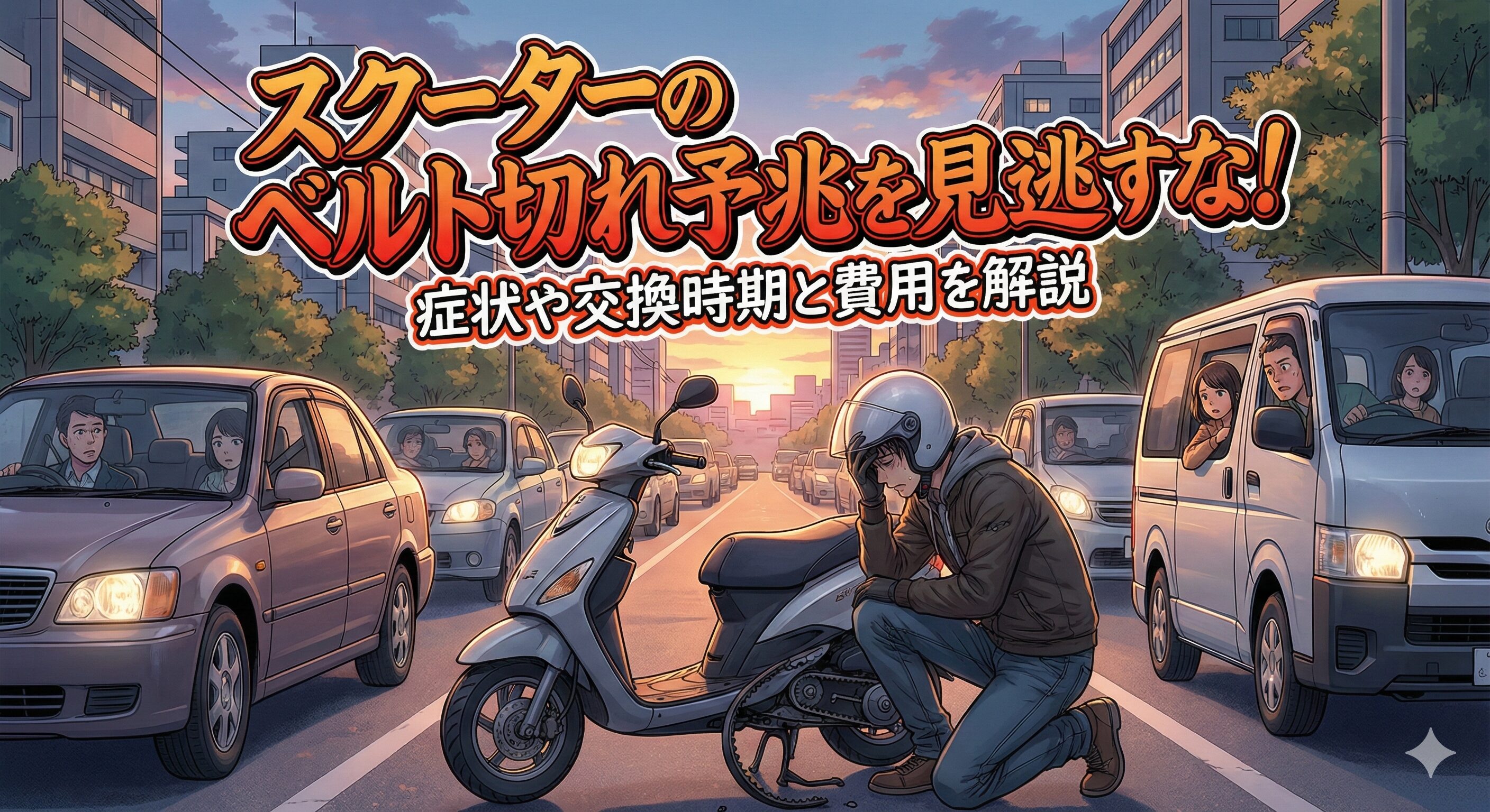 道路の路肩でベルトが切れたバイクを心配しているライダー