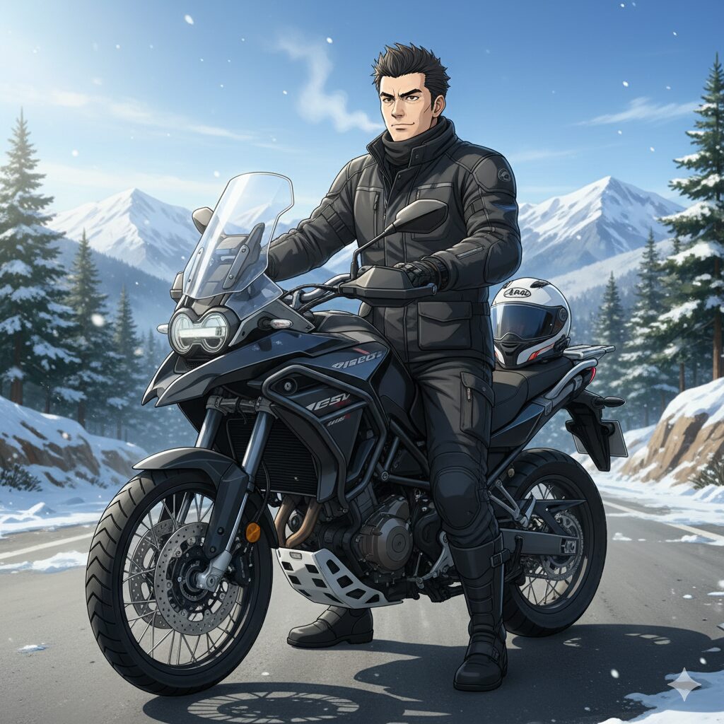 雪山の峠道でアドベンチャーバイクに乗り、フルフェイスヘルメットをシートに置いた冬用ライディングウェアを着た男性ライダーがカメラ目線で立つ、アニメ調のイラスト。