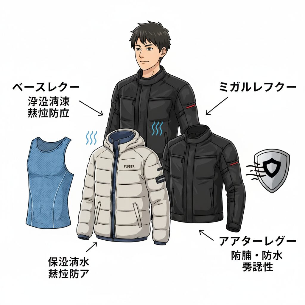 バイク防寒の基本である3層レイヤリングを図解するアニメ調のイラスト。肌着のベースレイヤー、中間着のミドルレイヤー(ダウンジャケット)、アウターレイヤー(ライディングジャケット)がそれぞれの特徴と共に描かれている。