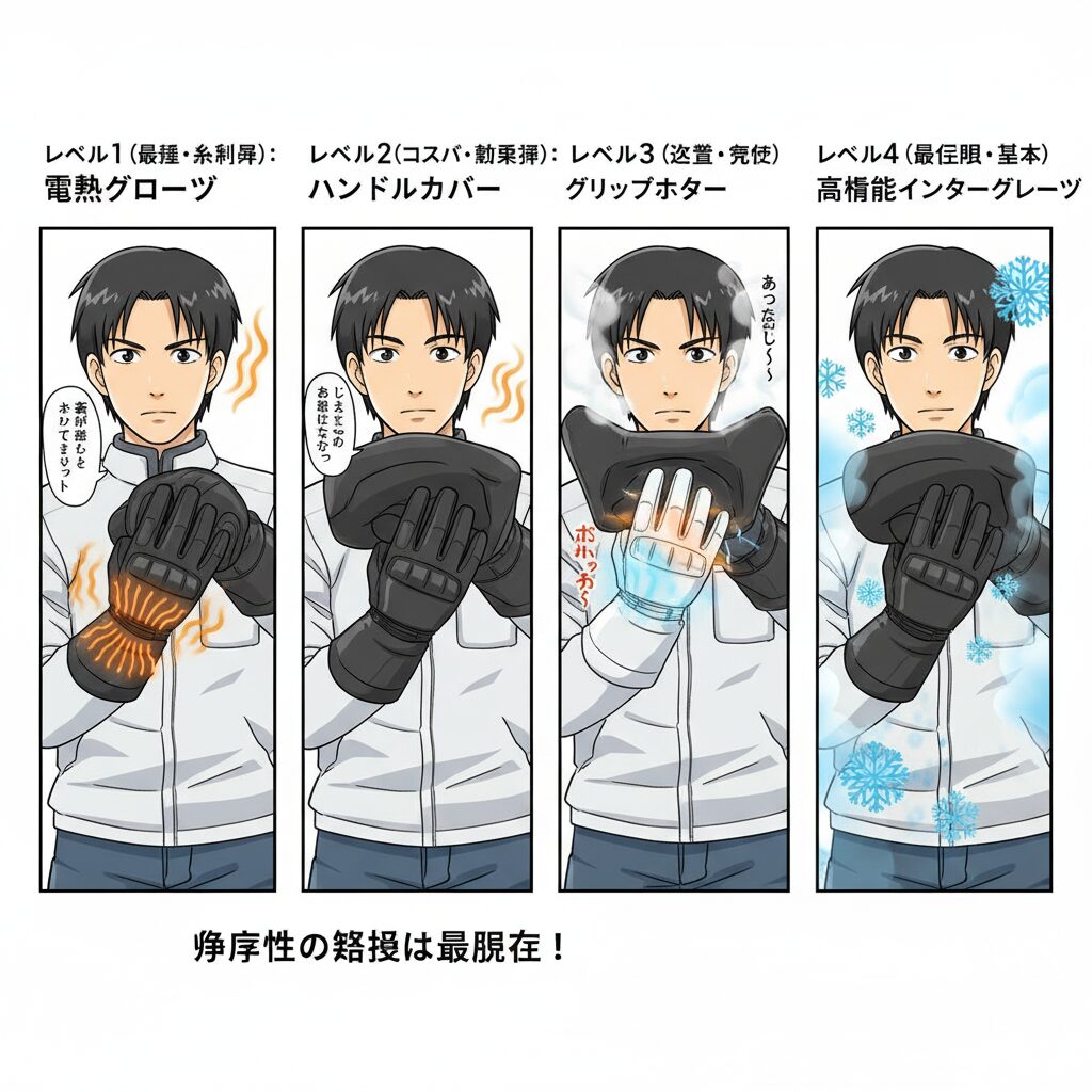 バイク防寒グローブのレベル別対策を図解する4コマ漫画風のアニメ調イラスト。電熱グローブ、ハンドルカバー、グリップヒーター、高性能ウィンターグローブの暖かさの違いが表現されている。