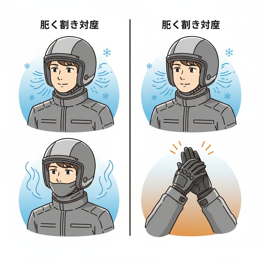 バイク防寒における首と手首の隙間対策を示すアニメ調のイラスト。首元が空いている状態とネックウォーマーを着用した状態、手首から風が侵入している状態とグローブで隙間を塞いだ状態が対比して描かれている。
