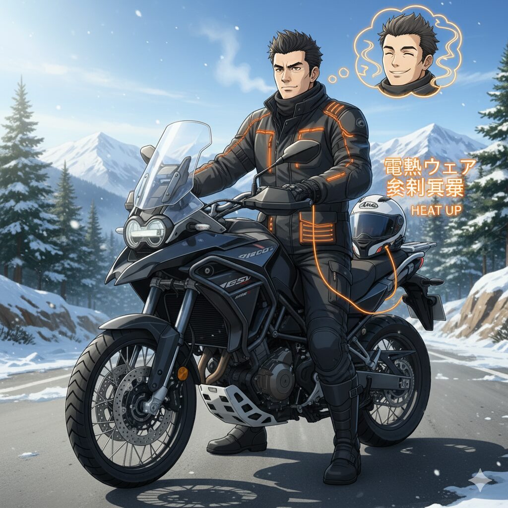電熱ウェアを着用し、バイクから給電しながら暖かい顔で雪山を背景に立つ男性ライダーのアニメ調のイラスト。