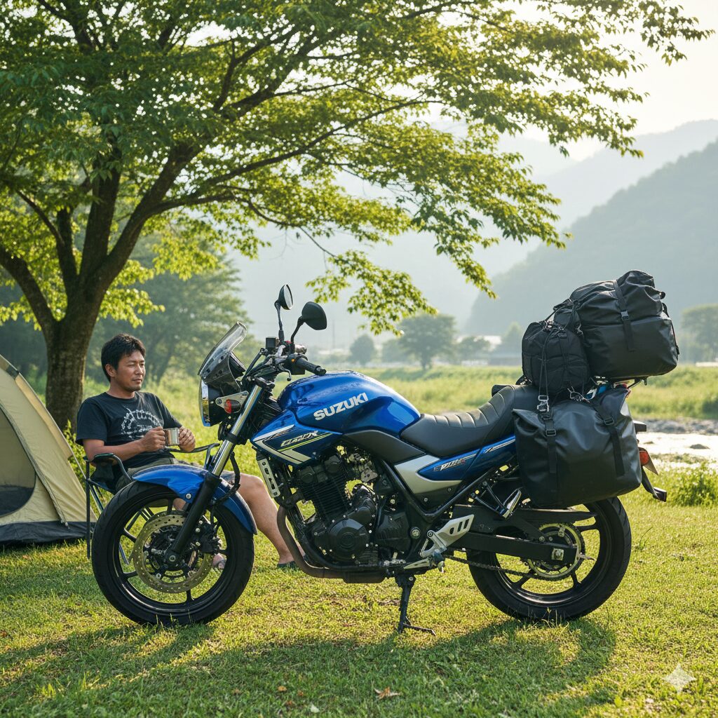 キャンプ道具を満載したGSR250と、キャンプ場でくつろぐ日本人オーナー。長距離ツーリングの適性を表現。