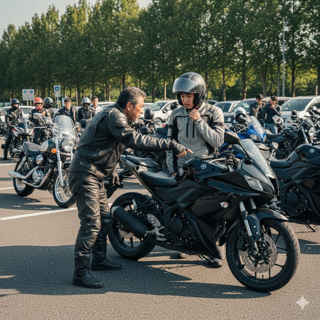 道の駅で初心者ライダーに対して一方的にライディングのアドバイス（教え魔）をするベテランライダーの様子。