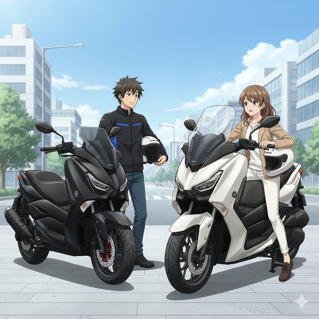 ホンダ・フォルツァとヤマハ・XMAXが並んで駐車されている、250ccスクーター市場の2強を象徴する比較イメージ。