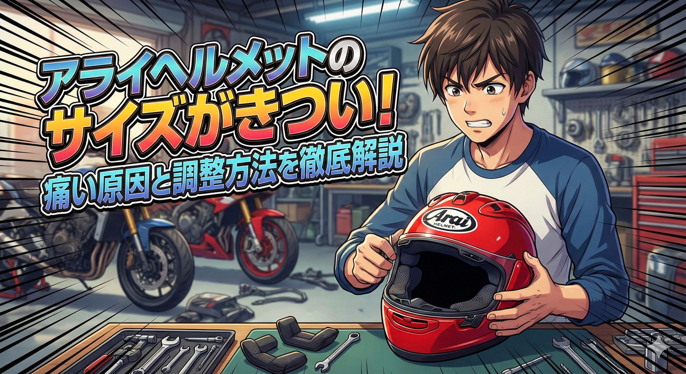 ライダーがアライのヘルメットのサイズが小さいがため改造しているイメージ画像