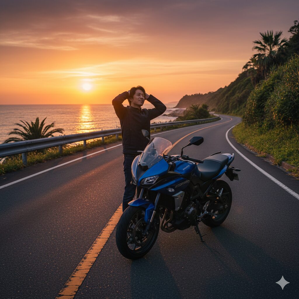 夕暮れの海岸沿いでバイクを止め、ヘルメットを脱いで解放感に浸る日本人ソロライダーの様子。