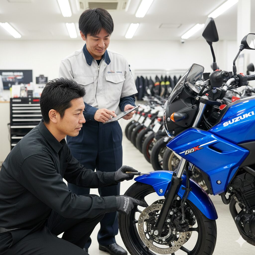 中古バイクショップでGSR250の状態を入念にチェックする日本人の購入検討者。