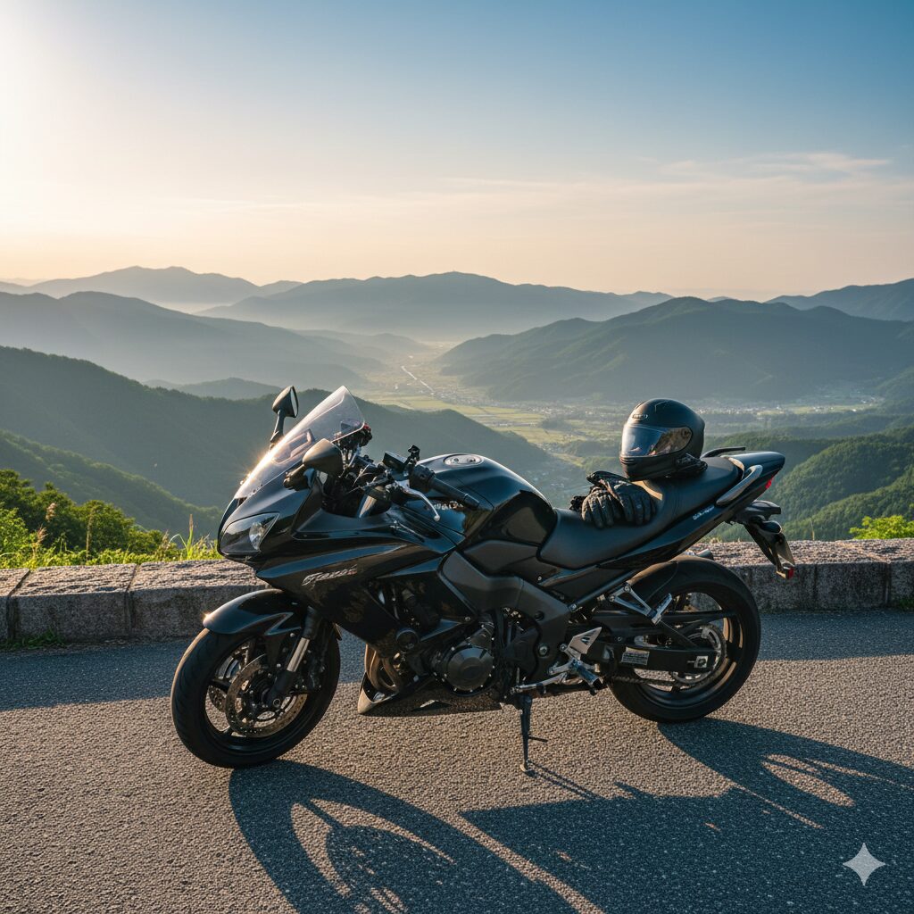 自分の価値観でバイクライフを楽しむ象徴として、絶景の峠に停められた愛車とヘルメット。