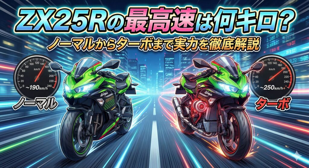 zx-25rのノーマルとフルカスタムが並んで最高速ヲ競っている様子