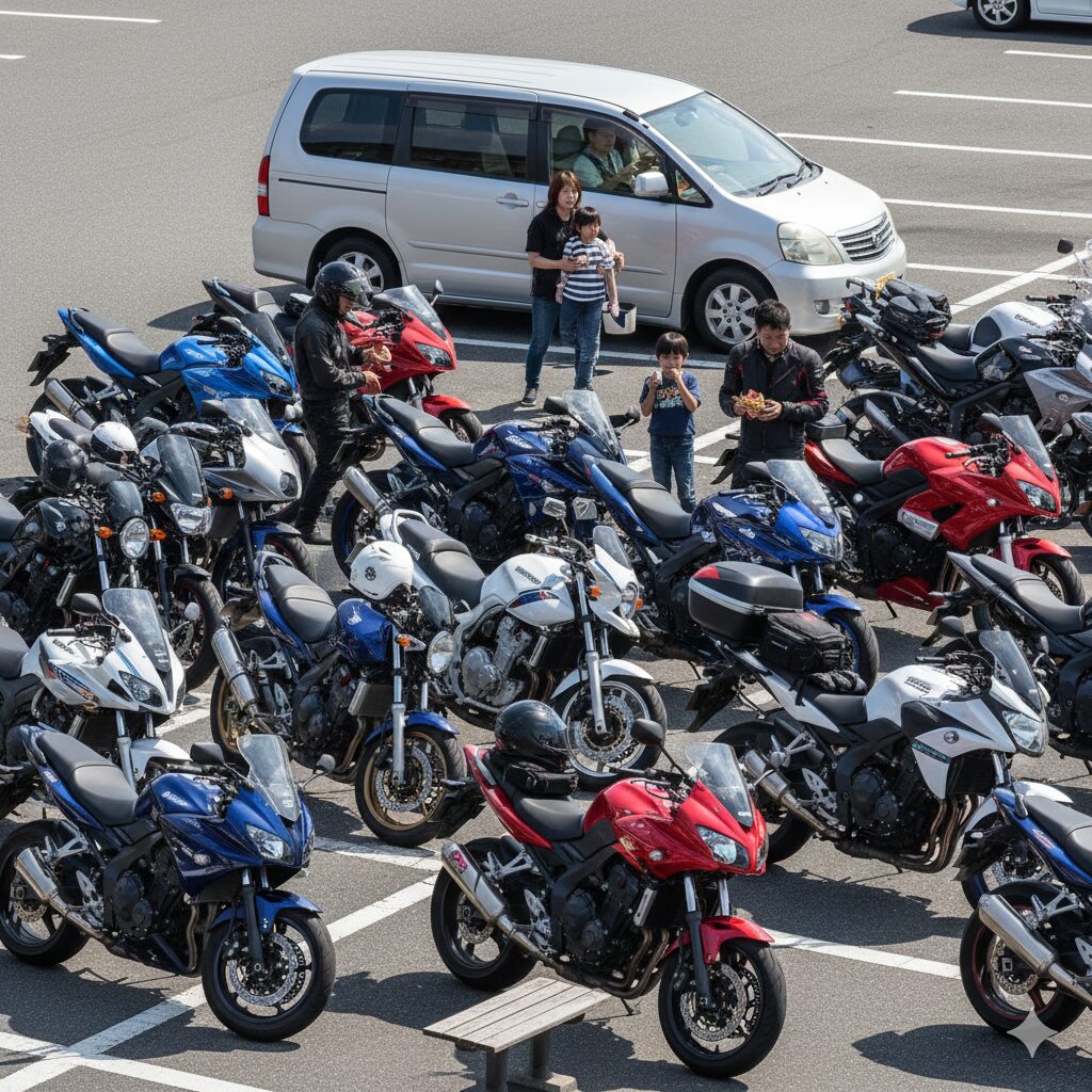 道の駅の駐車場を多人数で占拠し、一般の利用者に圧迫感を与えてしまっているツーリンググループの光景。