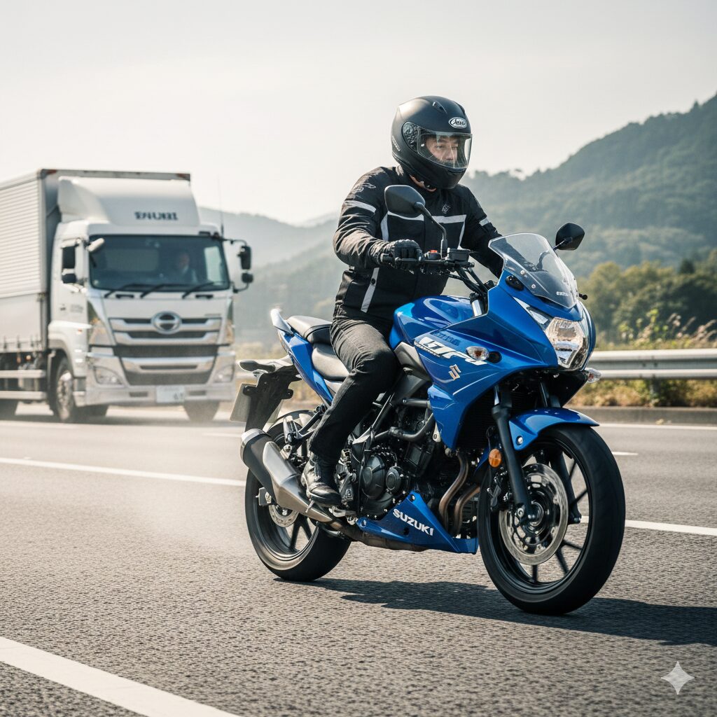 高速道路を安定して走行するGSR250。大型車との並走時もふらつかない直進安定性をイメージ。