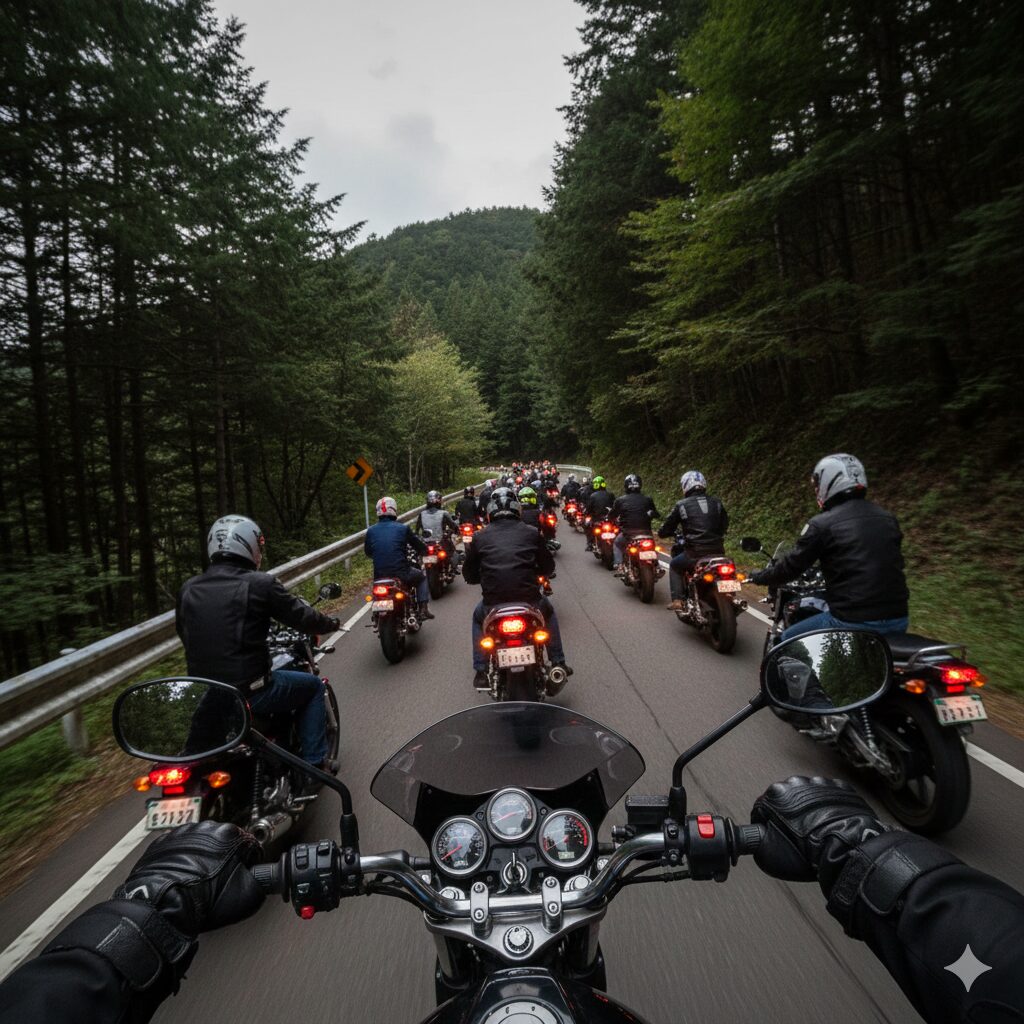 マスツーリングでの千鳥走行中、前走車の挙動に神経を使い精神的疲労を感じるライダーの視点。