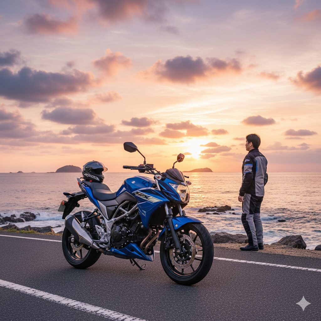 夕暮れの海岸沿いに停車するスズキGSR250と、景色を眺める日本人ライダーの風景。