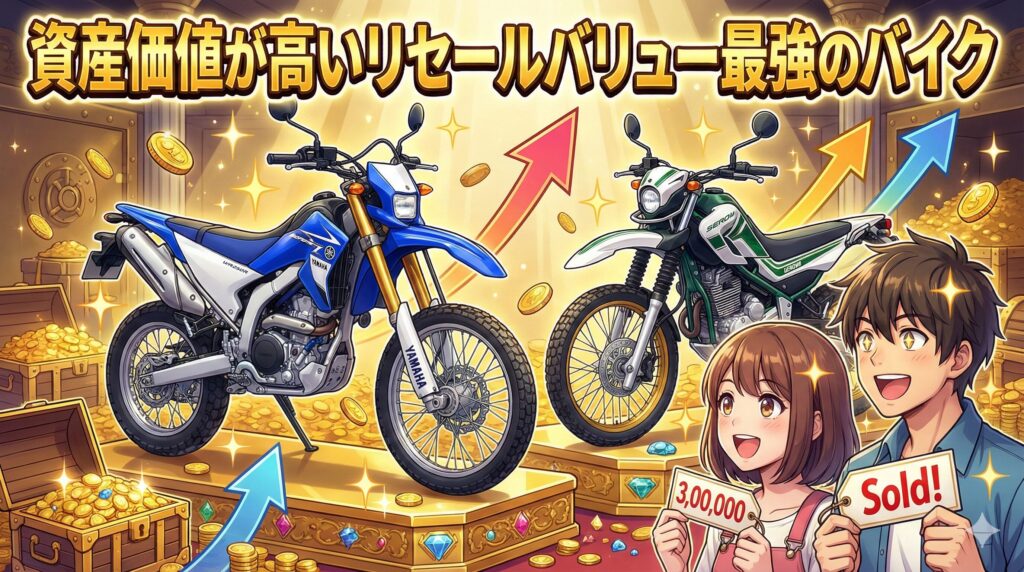 アニメ調のイラストで、「資産価値が高いリセールバリュー最強のバイク」というタイトルと、黄金の台座に乗ったヤマハWR250Rとセロー250ファイナルエディションを描写。周囲には金貨や宝箱が溢れ、価値の上昇を示す矢印と、高額な値札を持って喜ぶキャラクターが描かれている。