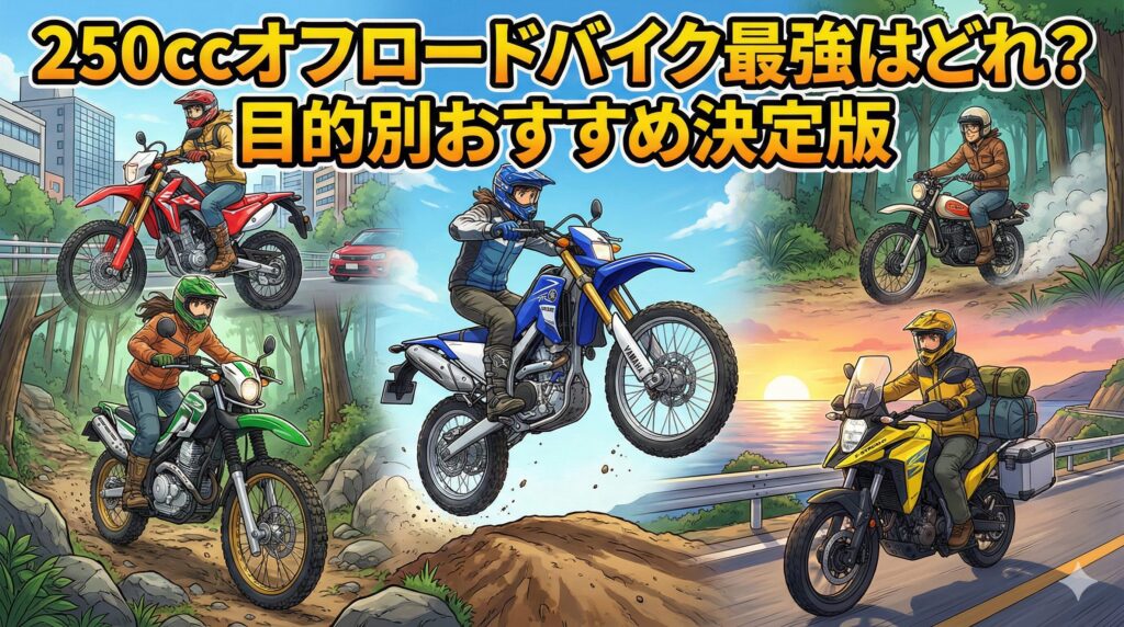 アニメ調のアイキャッチ画像で、記事タイトルの「250ccオフロードバイク最強はどれ？目的別おすすめ決定版」というテキストと、記事内で紹介されている主要な5車種（WR250R, セロー250, V-Strom 250 SX, CRF250L, ヴィンテージ2スト）がそれぞれの得意なシーン（ジャンプ, 林道, ツーリング, 街乗り, 森林）で躍動する様子を描写。記事の内容を一目で伝えるダイナミックなイラスト。