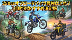 アニメ調のアイキャッチ画像で、記事タイトルの「250ccオフロードバイク最強はどれ?目的別おすすめ決定版」というテキストと、記事内で紹介されている主要な5車種(WR250R, セロー250, V-Strom 250 SX, CRF250L, ヴィンテージ2スト)がそれぞれの得意なシーン(ジャンプ, 林道, ツーリング, 街乗り, 森林)で躍動する様子を描写。記事の内容を一目で伝えるダイナミックなイラスト。