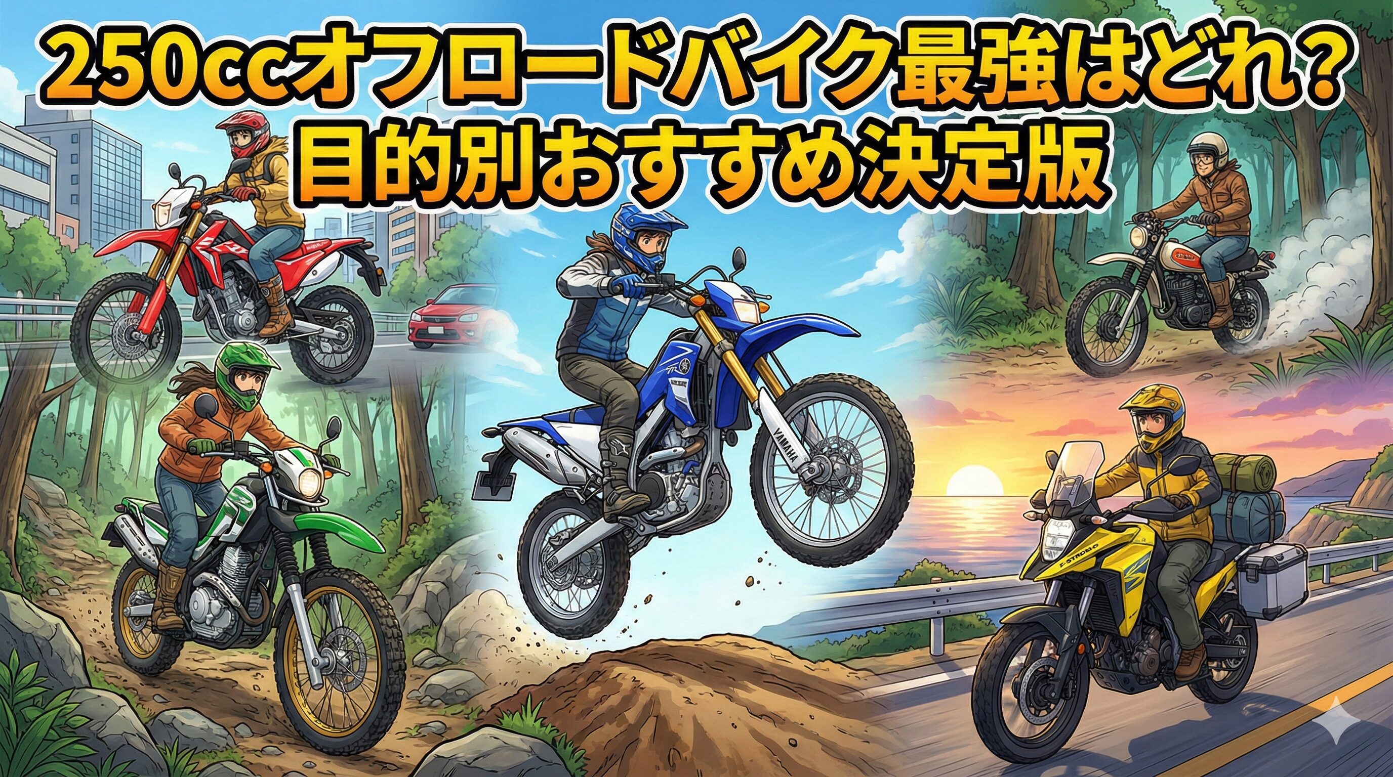 アニメ調のアイキャッチ画像で、記事タイトルの「250ccオフロードバイク最強はどれ?目的別おすすめ決定版」というテキストと、記事内で紹介されている主要な5車種(WR250R, セロー250, V-Strom 250 SX, CRF250L, ヴィンテージ2スト)がそれぞれの得意なシーン(ジャンプ, 林道, ツーリング, 街乗り, 森林)で躍動する様子を描写。記事の内容を一目で伝えるダイナミックなイラスト。