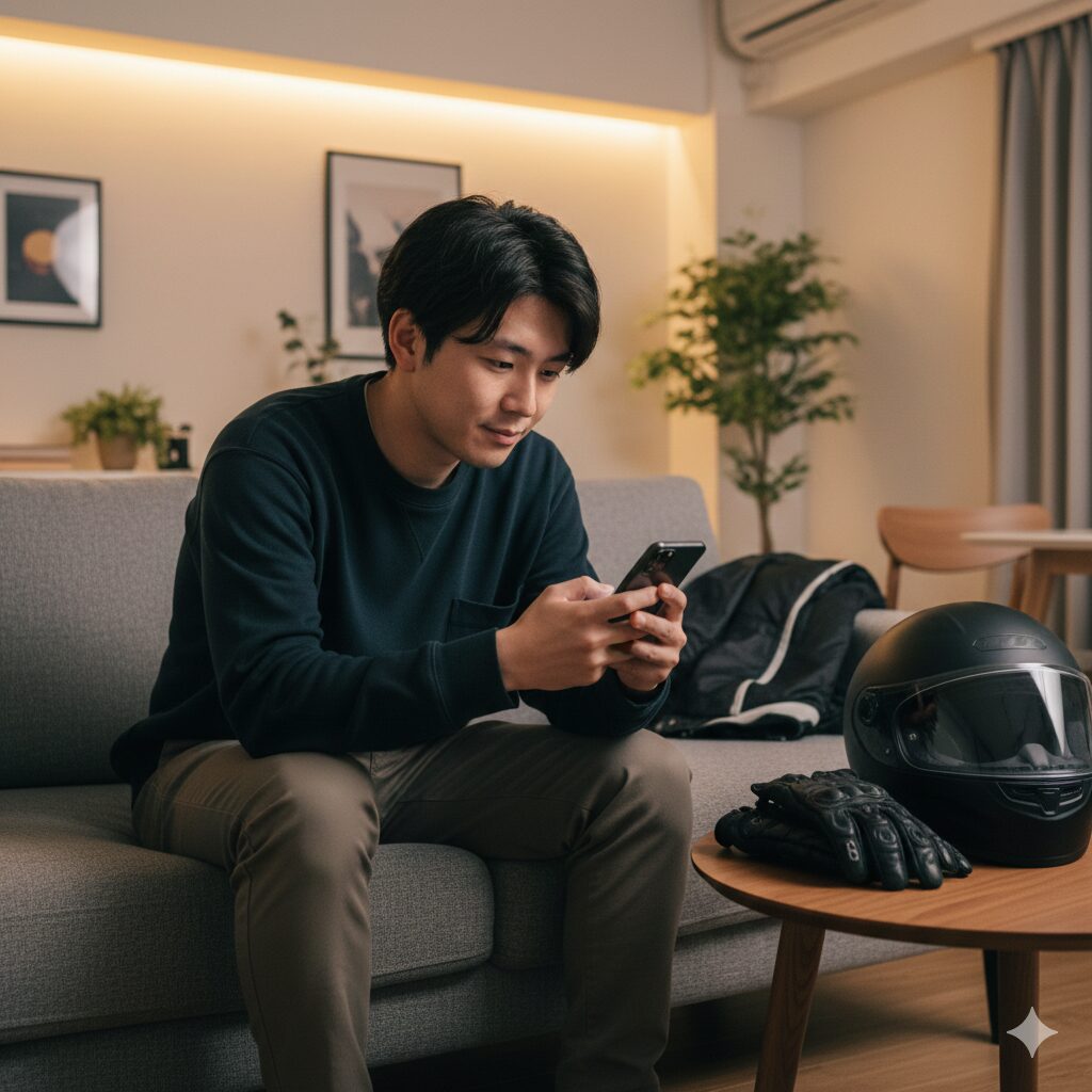 自宅で落ち着いてスマートフォンのメッセージを確認し、ツーリングの誘いを丁寧に断る準備をする様子。