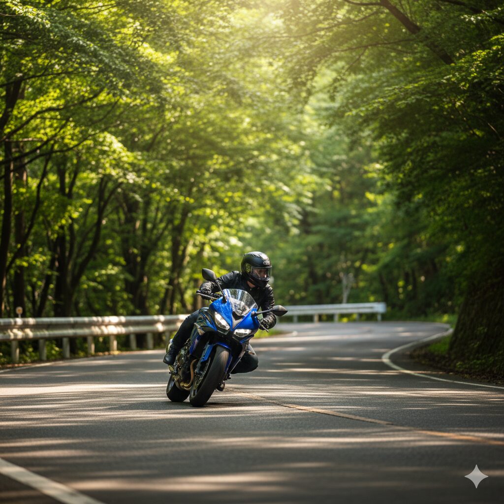 誰にも邪魔されず、自分のペースで新緑のワインディングロードを軽快に駆け抜けるソロライダー。