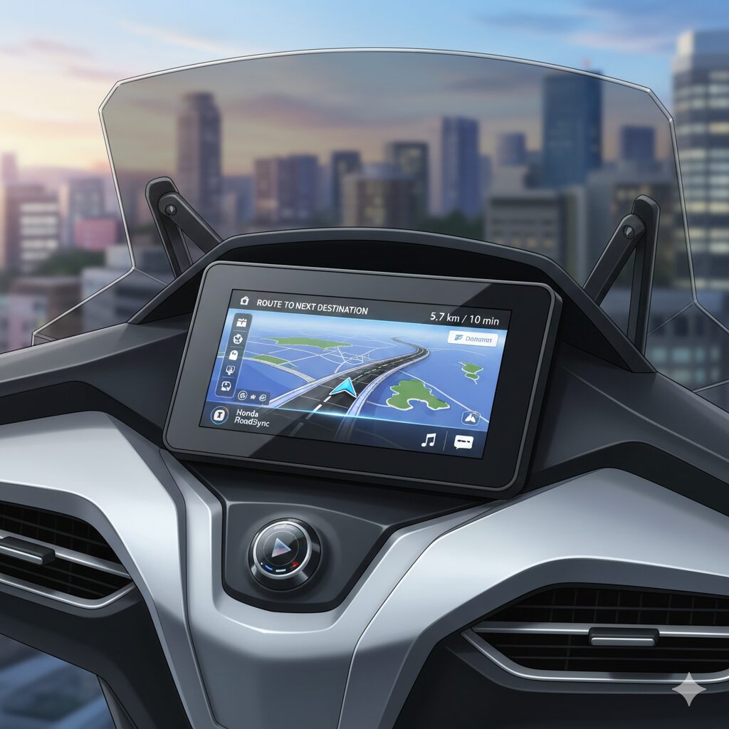 2025年型ホンダ フォルツァのフルカラーTFTメーターに表示された、スマートフォン連携機能「Honda RoadSync」のナビゲーション画面。