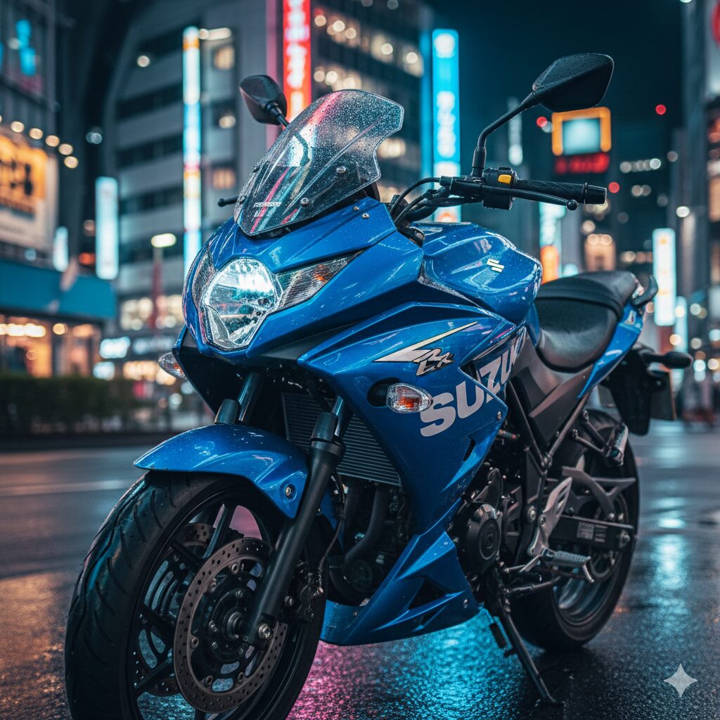 都会の夜に映えるGSR250の独創的なフロントマスクとボリューム感のあるボディデザイン。