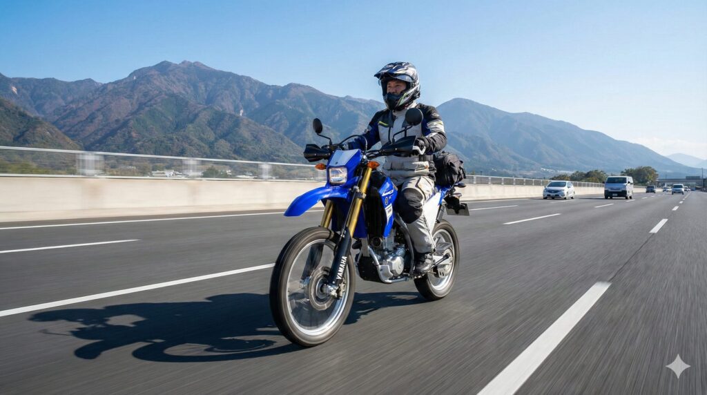 青空の下、高速道路を安定した姿勢で快適に巡行するヤマハWR250Rと、フルフェイスヘルメットを装着したアジア人ライダー。