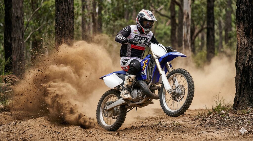 林道で強烈な加速を見せ、土煙を上げる2ストロークオフロードバイクと、それを操るアジア人ライダーの様子。現代車にはない暴力的なパワー感を表現。