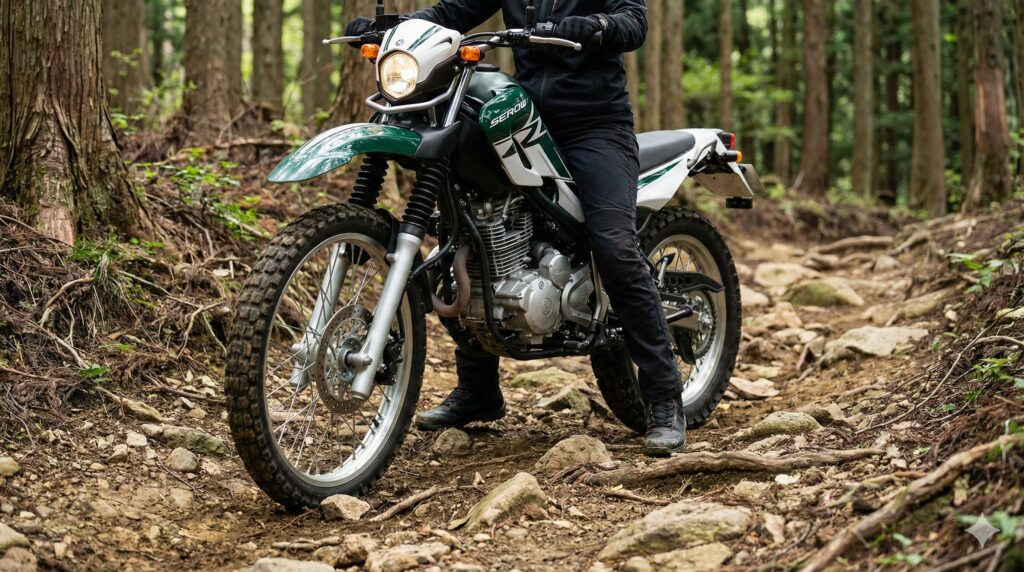 険しい林道で停車し、両足がしっかりと地面に着いているヤマハセロー250とアジア人女性ライダー。足つきの良さと安心感を強調。