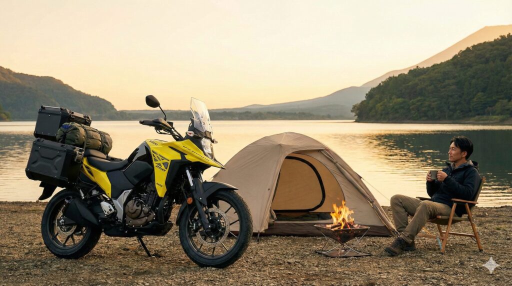 湖畔のキャンプ場に駐車されたキャンプ道具満載のスズキV-Strom 250 SXと、夕日を眺めながらくつろぐアジア人男性。アドベンチャーツーリングの魅力を表現。