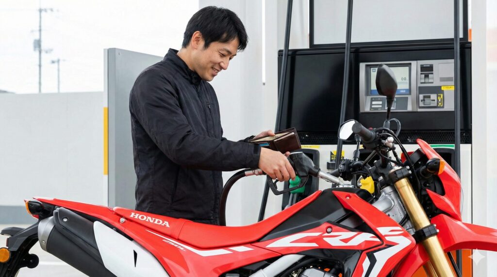 ガソリンスタンドでホンダCRF250Lに給油しながら、財布を見て満足げな表情を浮かべるアジア人ライダー。経済性と維持費の安さを象徴的に表現。
