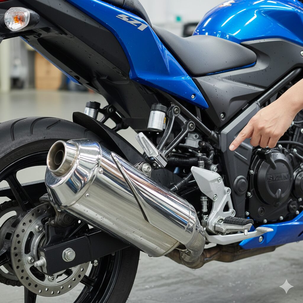 GSR250の象徴的な2本出しマフラーと、作り込みの良さを感じさせるリアサスペンション周辺のディテール。