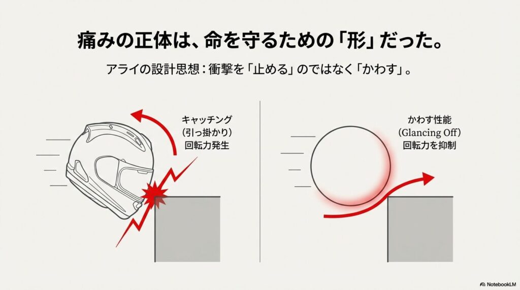 衝撃を止めるのではなくかわすアライの安全設計思想と回転力抑制の図解
