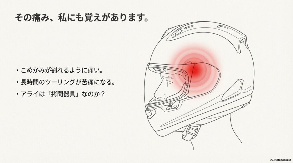 アライヘルメット着用時にこめかみが割れるように痛むイメージイラスト