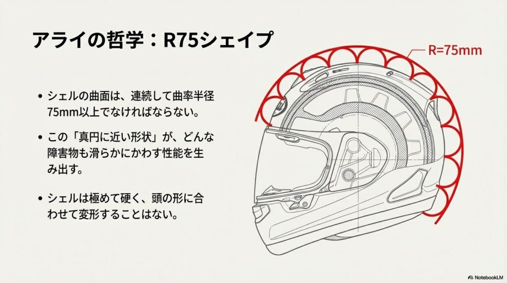 シェルの曲率半径が連続して75mm以上であることを示すR75シェイプの構造図