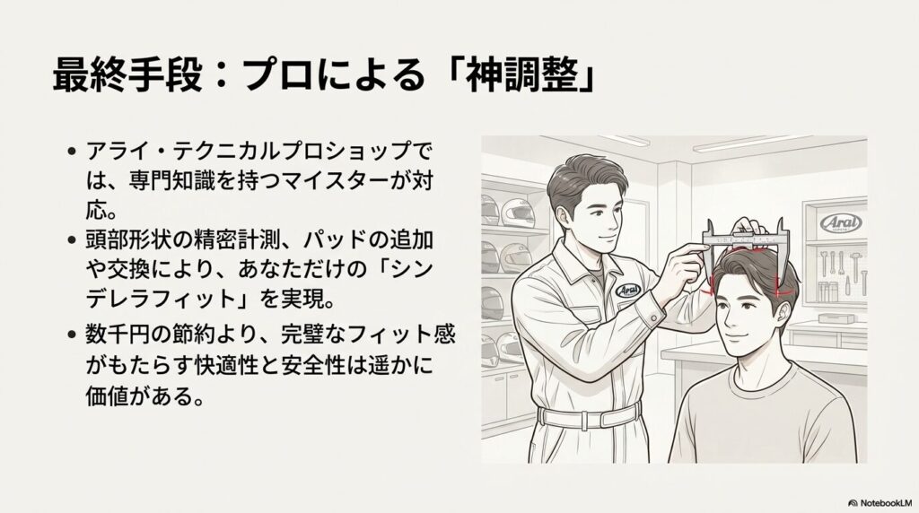 プロショップのマイスターが専用器具で頭の形状を精密計測しているイラスト