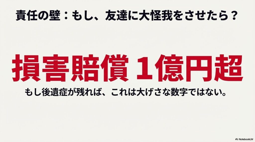 バイクの二人乗り事故で後遺症が残った場合の損害賠償額が1億円を超える可能性を示す警告画像