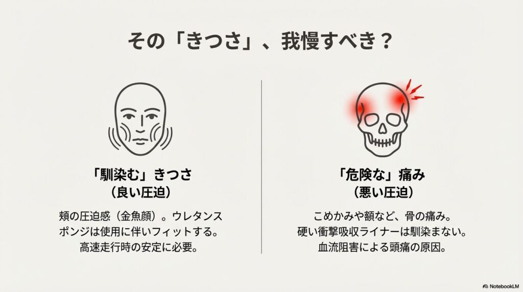 こめかみの骨の痛み(悪い圧迫)と頬のスポンジの圧迫(良い圧迫)の比較イラスト