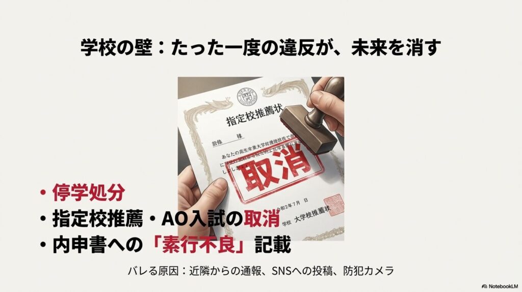 原付の二人乗りが学校にバレる原因と、停学処分、指定校推薦取消、内申書への記載などの社会的制裁のまとめ
