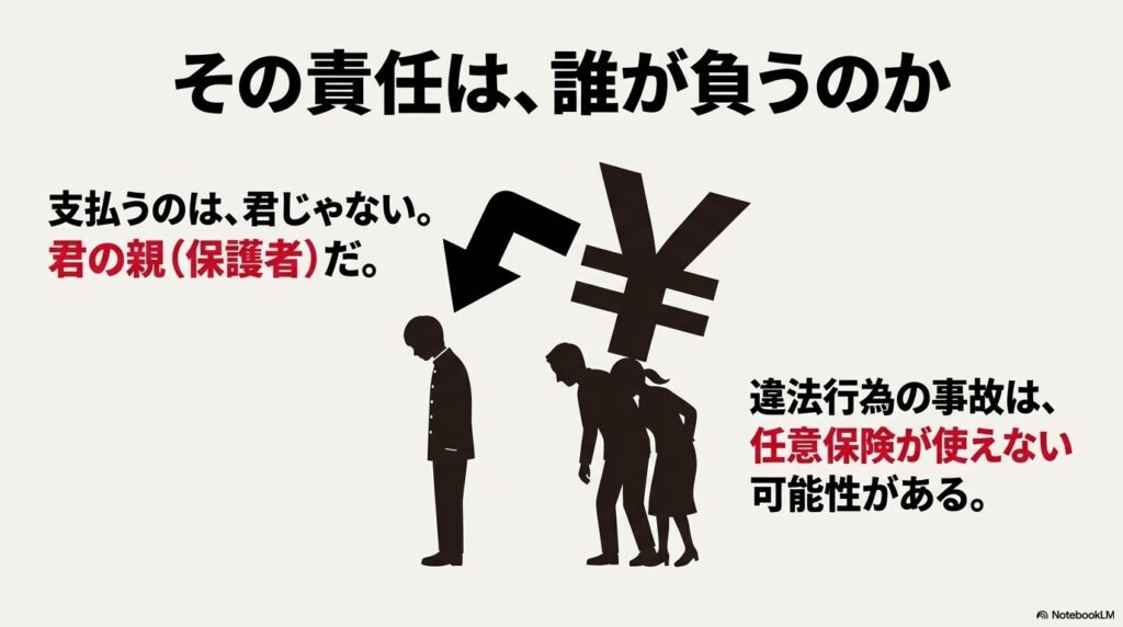 違法な二人乗り事故において、本人ではなく保護者が賠償責任を負うことや、任意保険が使えないリスクの図解