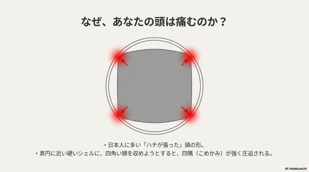 真円に近いアライのシェルに四角い日本人の頭が入ることでこめかみが圧迫される原因図